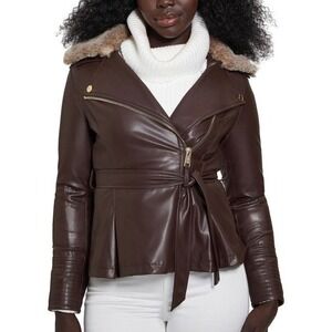 NWT GUESS Tulip Peplum Zip Faux Fur Leather Jacket Dark Coffee - Size‎ Large
